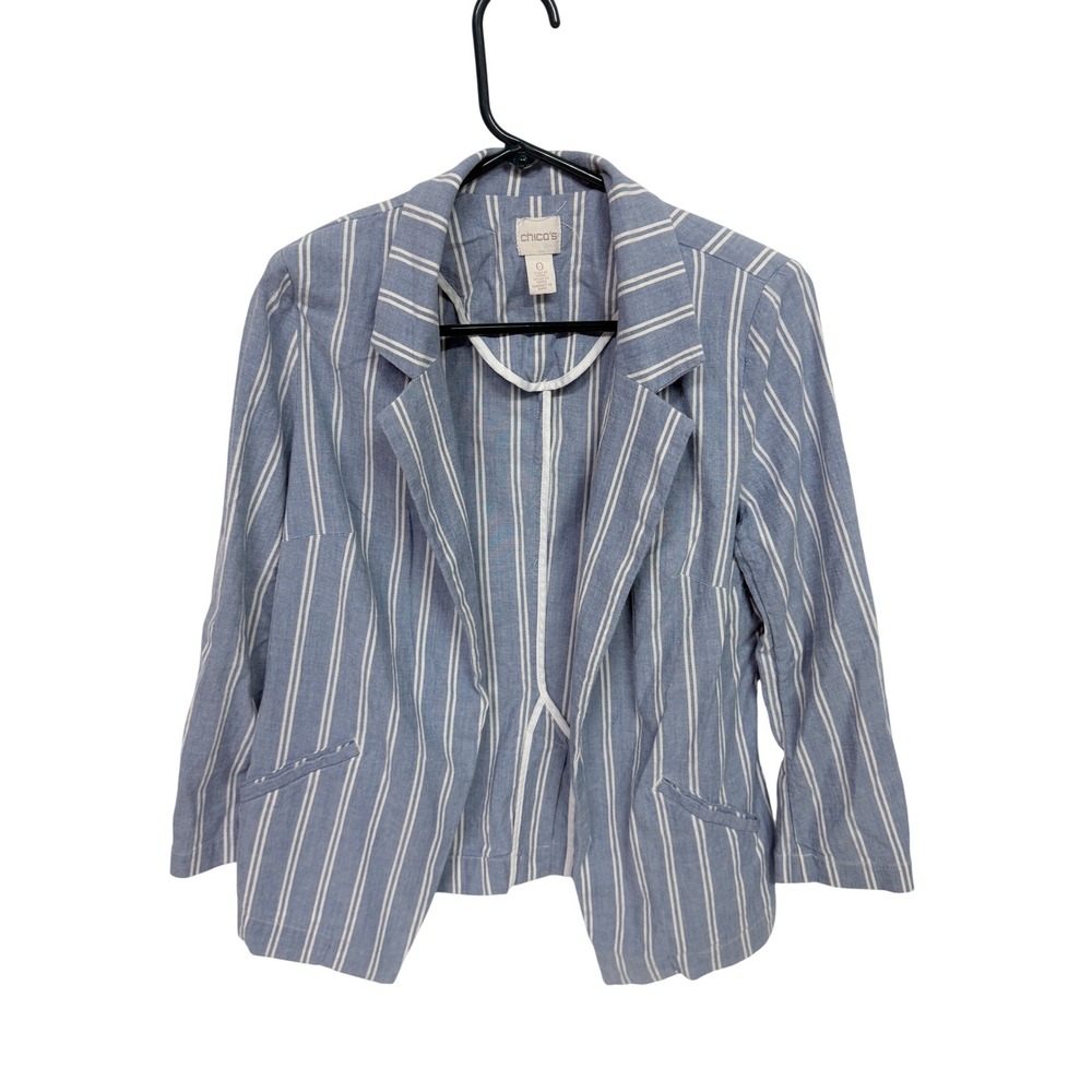 Chico's Blue White Striped Linen Blend Open Front Blazer Jacket Size 0 S 4/6